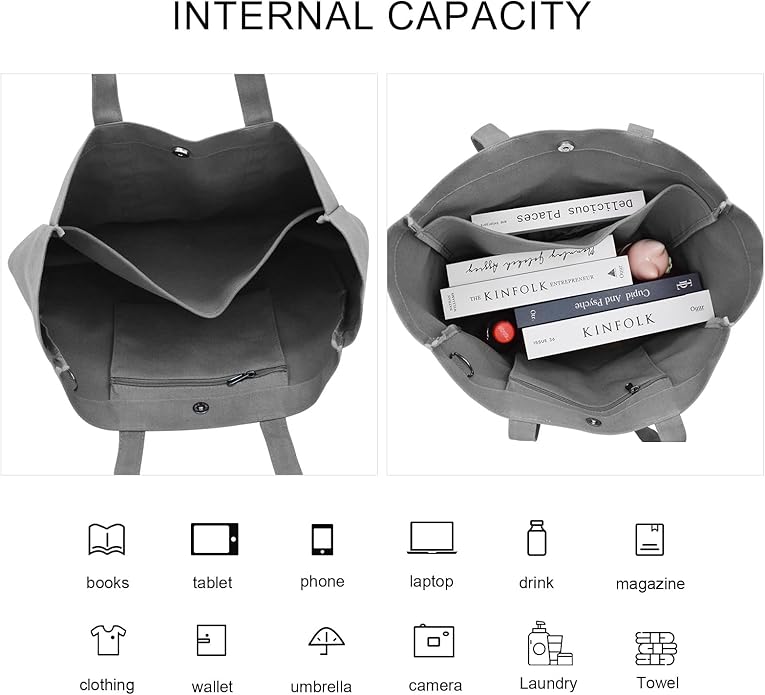 TeeYee Women's 20L Canvas Tote Bag Reusable Multi-Pocket Organizer for Travel Work Gym Shopping Large Shoulder Bag