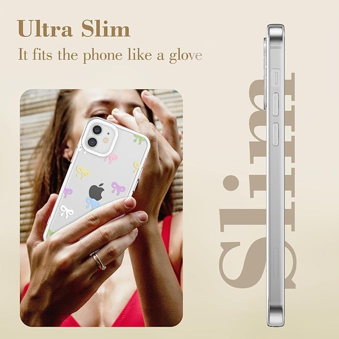 EYZUTAK Case for iPhone 12, Clear Cute Ribbon Bowknot Pattern Aesthetic Transparent Phone Case Raised Camera Protection Stylish Slim Soft Durable TPU Protective Cover for Women Girls - Colorful