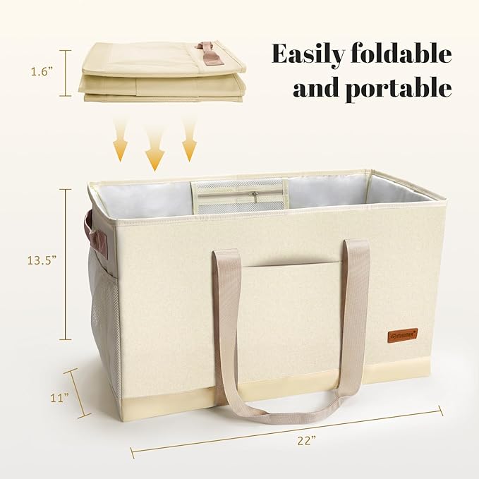 MHOMER Reusable Upright Grocery Bags Extra Waterproof Large Tote Bag with Carrying Handles Reinforced Bottom and Side Durable Oxford Fabric Foldable Shopping Bags Cream-colored