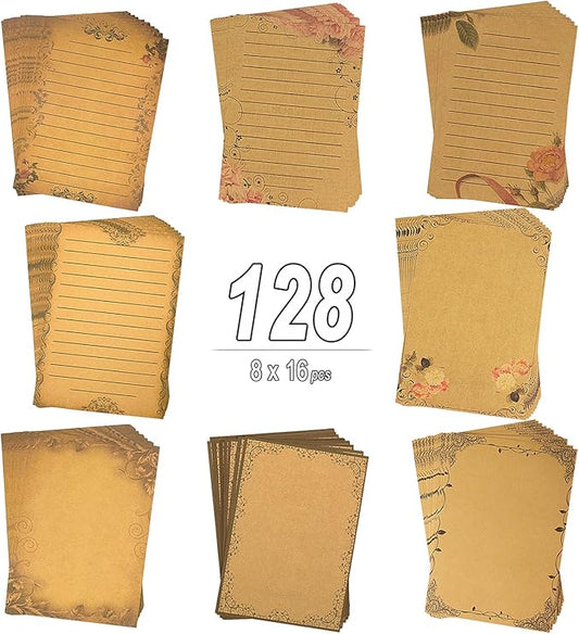 128 Sheets 8 Style Vintage Stationary Paper, 5.7 x 8.3 inch A5 Size 100gsm Kraft Floral Printed Letter Writing Stationery Bulk Set for Personalized Letters, Creative Poems, Lyrics, Notes, etc.