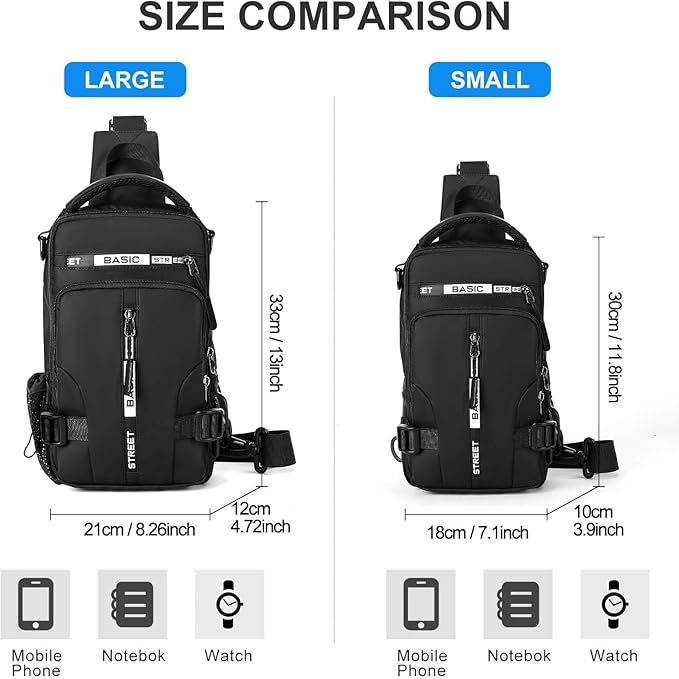 Large Black Sling Bag for Men Women, Mini Anti Theft One Strap Motorcycle Sling Backpack, Small Sling Chest Bag Daypack Crossbody Backpack with Usb Port for Casual Travel Hiking Gym Outdoor Sports