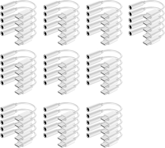USB-C to 3.5 mm Headphone Jack Adapter,USB C to Aux Audio Dongle Cable Cord Compatible with iPhone 15 16 Series, iPad Pro, Galaxy S23/S22 Ultra Headphone Adapter (White, 50 Pack)