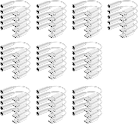 USB-C to 3.5 mm Headphone Jack Adapter,USB C to Aux Audio Dongle Cable Cord Compatible with iPhone 15 16 Series, iPad Pro, Galaxy S23/S22 Ultra Headphone Adapter (White, 50 Pack)