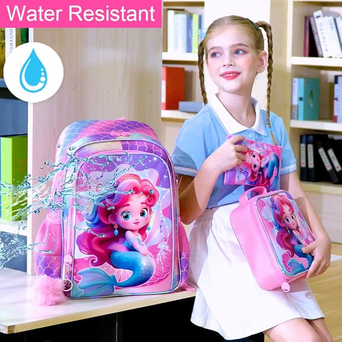 3Pcs Mermaid Backpack for Girls, 16" Kids Bookbag for Elementary Preschool Kindergarten, School Backpacks with Lunch Box(Pink)