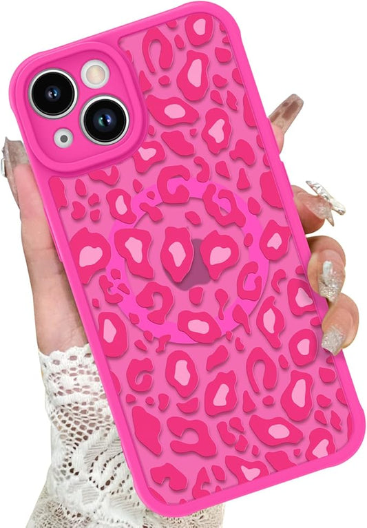KANGHAR Case for iPhone 14 Hot Pink Leopard Printed Pattern Cute Cheetah [Compatible with Magsafe] Protective Magnetic Case for Girls Women 6.1"