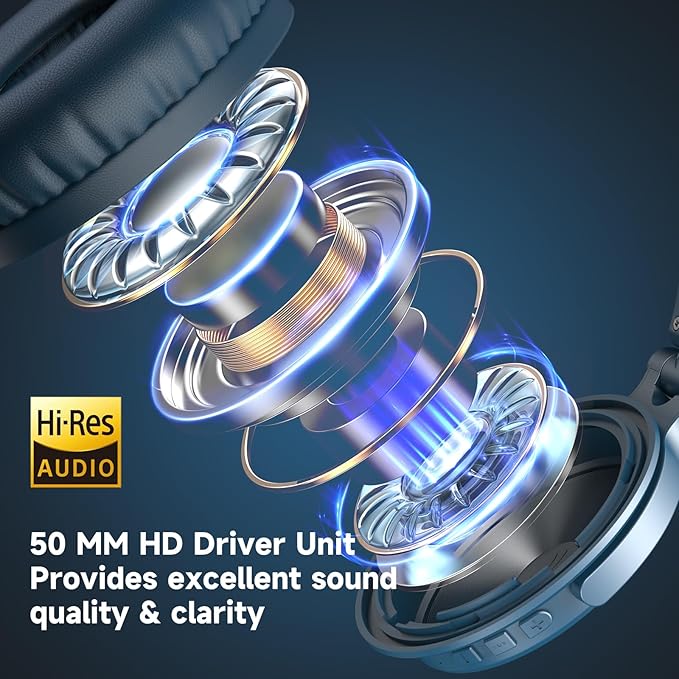 OneOdio Bluetooth Over Ear Headphones, 110 Hrs Wireless/Wired Stereo Sound Foldable Headsets with Deep Bass 50mm Neodymium Drivers for PC/Phone/Tablet - Studio Wireless Pro C, Sky Blue