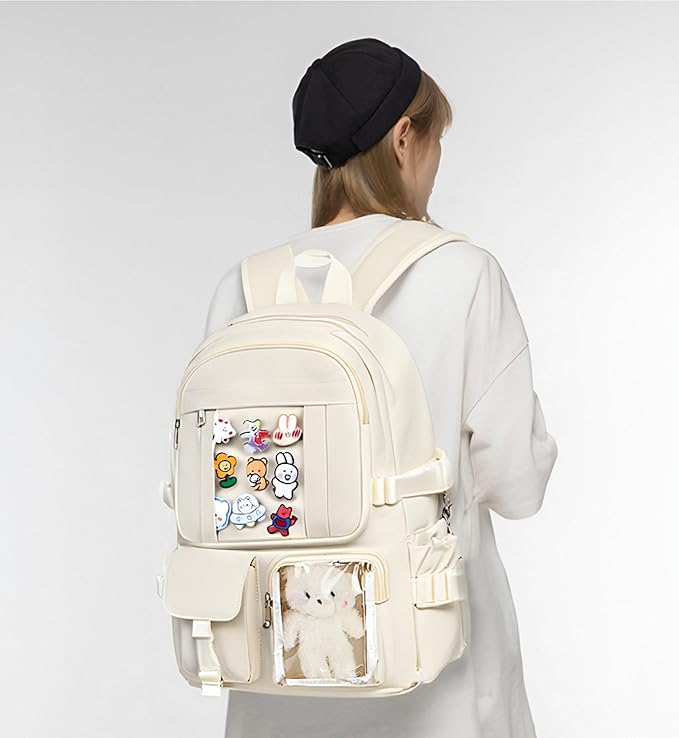Kawaii Backpack for Teen Girls, Cute Aesthetic High Middle School College Bookbag with Accessories, Beige