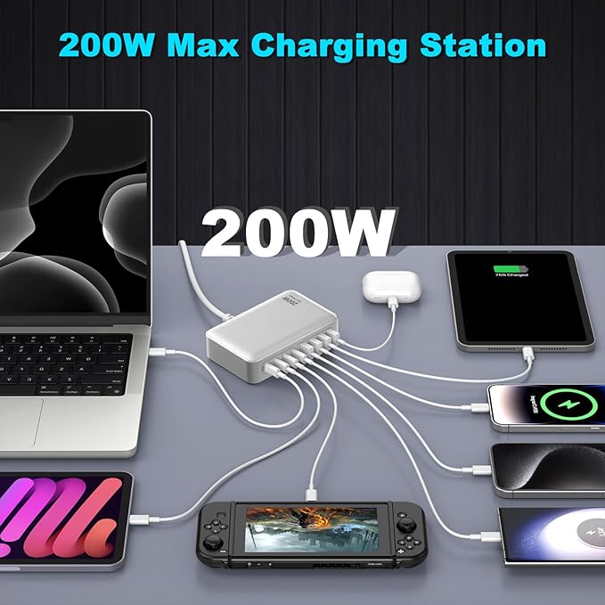 USB C Charger, 200W 8-Port USB C Charging Station Hub, GaN Fast Charger, Compatible with MacBook Pro/Air/Google Pixel/iPhone 15/14/13/Galaxy S24/S23/S22/Smartphones/Laptops/Tablets