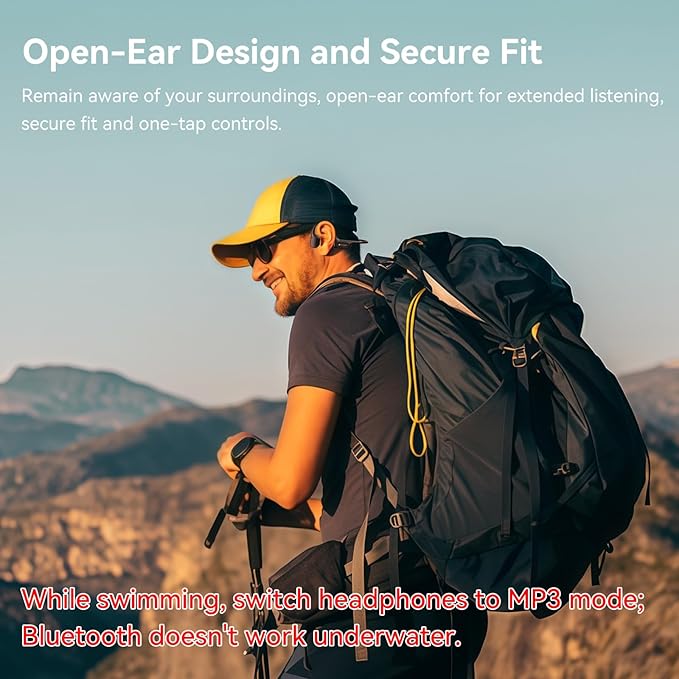 Swimming Headphones IP68 Waterproof, Open Ear Bone Conduction Headphones Bluetooth 5.4 with 32GB MP3 Player, Secure Comfort Underwater Swim Earbuds for Jogging Cycling Fitness-SurfAudio(Black)