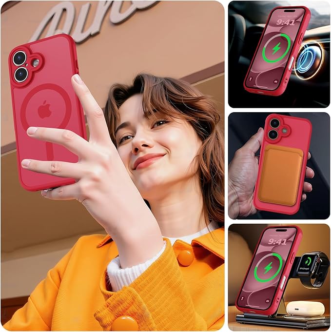 MOCCA Strong Magnetic Compatible with iPhone 17 Case [Compatible with Magsafe] [Full Camera Protection] Slim Translucent Matte Shockproof Phone Case Cover 6.3",Red