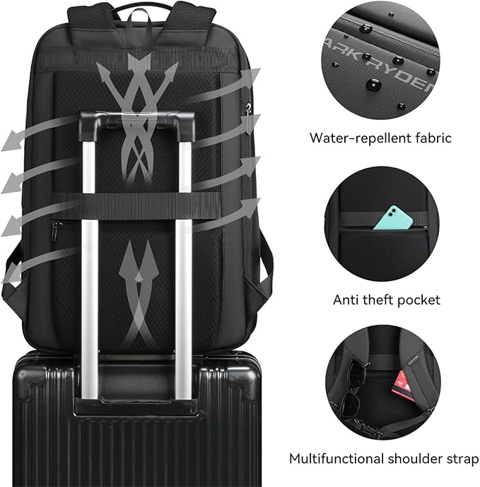 Muzee Business Backpack for Men, Travel Laptop Backpack Fits 15.6 Inch, Waterproof Expandable Bag 25L-35L, Black Work Daypack with USB & USB-C Charging Ports, Anti-Theft Pocket, Luggage Strap
