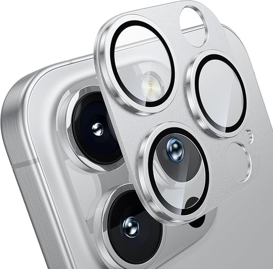 WSKEN for iPhone 16 Pro/iPhone 16 Pro Max Camera Lens Protector, [Military Grade Shatterproof] [Strong Adsorption] Metal Aluminum Alloy Tempered Glass Camera Screen Protector, Silver Titanium