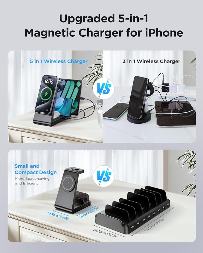 Charging Station for iPhone,5 in 1 Wireless Charger Stand Dock for Apple: Mag-Safe Charging Station for Multiple Devices Apple iPhone 16 15 14 13 12 Pro Max Plus iWatch Airpods