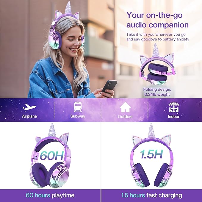 QearFun Kids Unicorn Bluetooth Headphones, 60H Playtime, 74/85/94dB Safe Volume Limit, Metallic Gradient Wireless Headset with Mic, Fast Charging, Foldable, Wired Mode for Girls School/Tablet/Travel