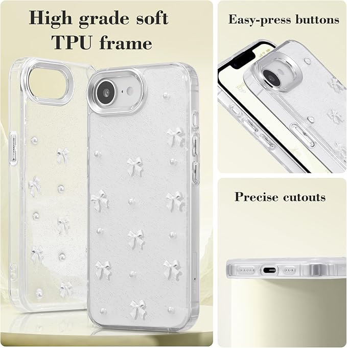 EYZUTAK Case for iPhone 16e, Bling Glitter 3D Bowknot Phone Case Cute Sparkly Crystal Clear Bow Aesthetic Design Cover Slim Soft Durable TPU Transparent Protective Cover for Women Girl - White Bow