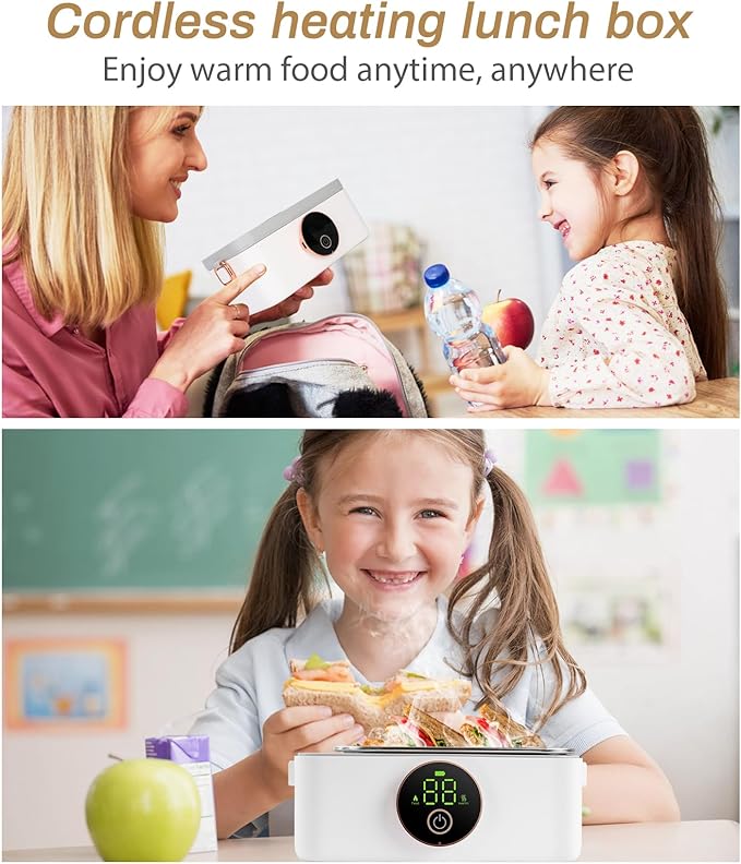 Cordless Electric Lunch Box, 1L Self heating lunch box Battery Powered with Automatic Heating, 16000mAH Rechargeable Battery Provid Rapid Heating, Designed for Car, Office, Travel, Picnic & outdoor