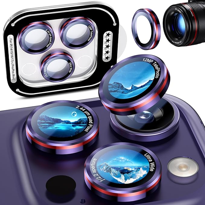 Uyiton for iPhone 17 Pro Max/17 Pro/16 Pro Max/16 Pro/15 Pro Max/15 Pro/14 Pro Max/14 Pro Camera Lens Protector - Military-Grade Tempered Glass Metal Camera Cover, Easy to Install, Purple+Red
