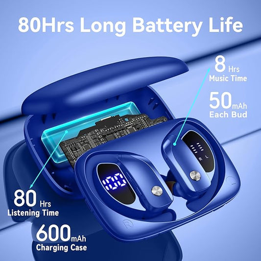 bmani Ear Buds Wireless Earbuds Bluetooth Headphones with 80H Playtime LED Display Case, Over-Ear Hook with Mic, Stereo Sound, Easy Button Controls, Sports Earphones for Running Workout Gym Blue