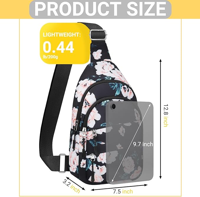 Crossbody Bags for Women, Sling Bag for Men, Small Hiking Backpack Anti Theft Lightweight for Outdoors Travel （M, Black Floral）