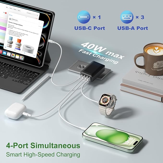Flat USB C Wall Charger, OKRAY 40W 4-Port Fast Charging Blocks with Foldable Plug, QC&PD3.0 Multiport Travel Power Adapter Type C Phone Charger Compatible for iPhone 16 15 14 13 12 Pro, Galaxy S25 A35