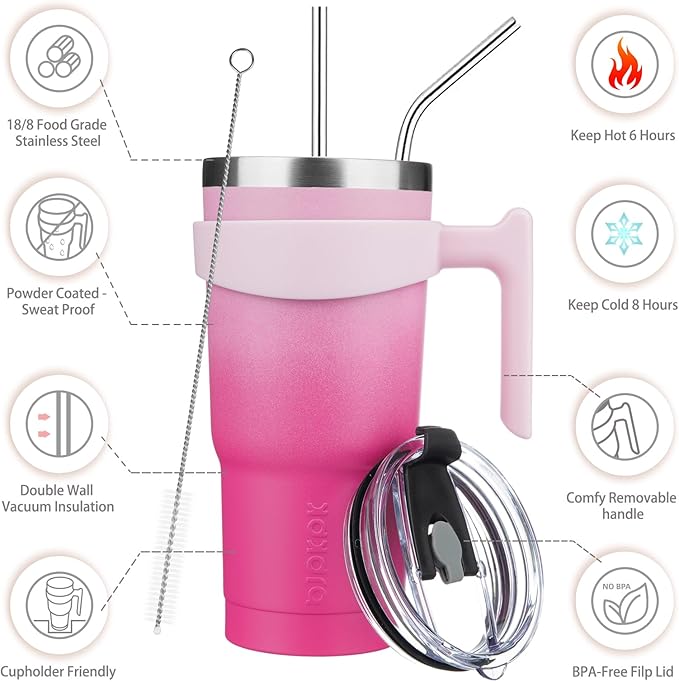 BJPKPK Tumbler With Handle 20 oz Tumbler With Lid And Straw Reusable Stainless Steel Travel Mug Insulated Coffee Cups,Cherry Blossom