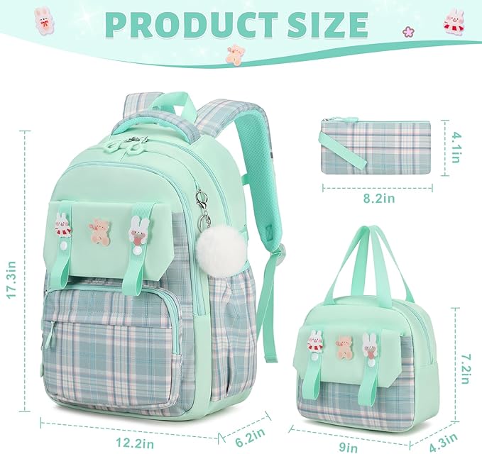 Backpack for Girls, 3PCS Kids Girls Backpacks with Lunch Bag Pencil Case for School, Cute Bookbag Teens Backpack for Kindergarten Preschool Elementary Middle School, Green