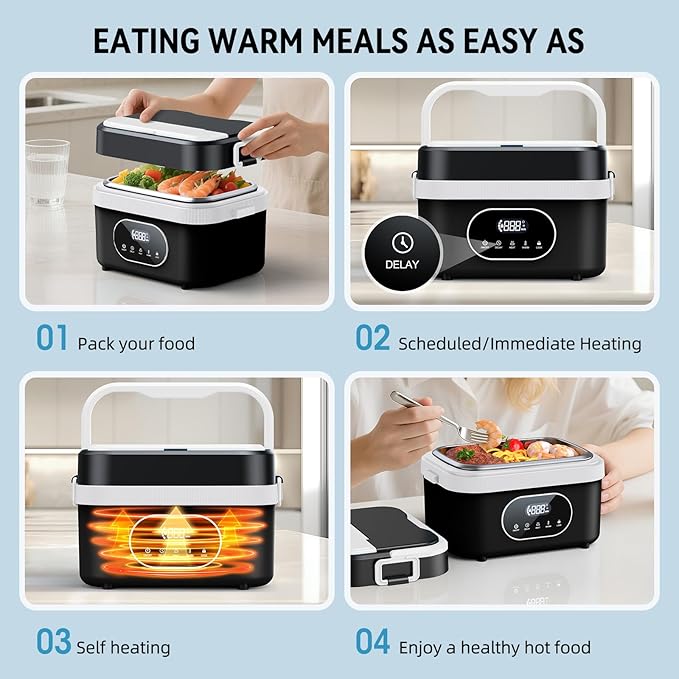 Cordless Electric Lunch Box for Adults, Rechargeable Portable Self-Heating Lunch Box Food Warmer, 1.5L Container for Outdoor, Work, Office, Camping, Travel (Black＆White)