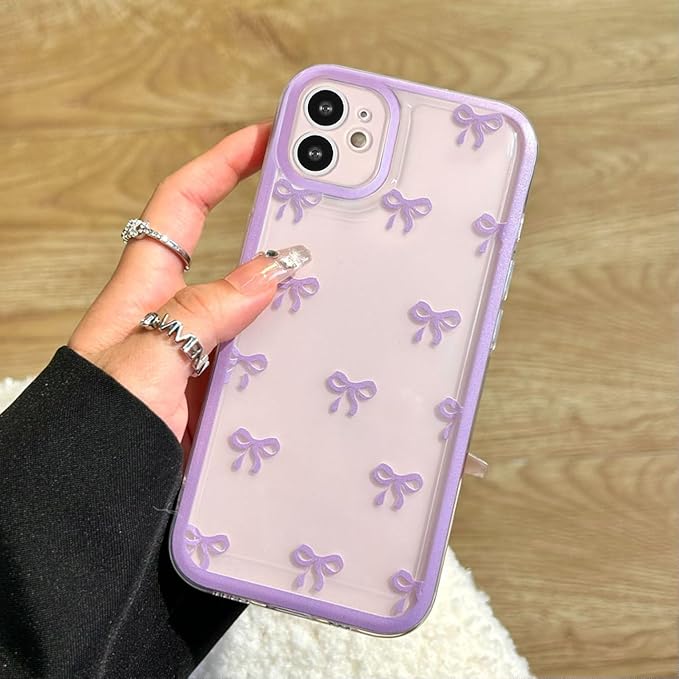 EYZUTAK Case for iPhone 12, Clear Cute Ribbon Bowknot Pattern Aesthetic Transparent Phone Case Raised Camera Protection Stylish Slim Soft Durable TPU Protective Cover for Women Girls - Purple