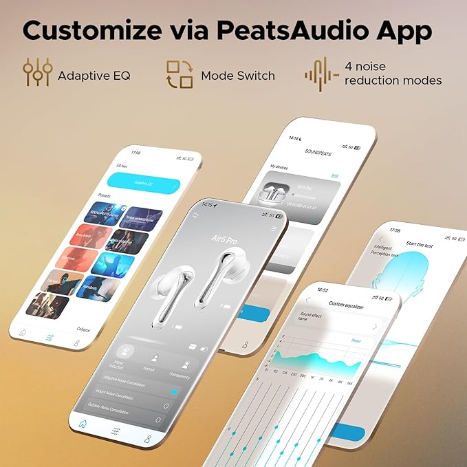 SoundPEATS Air5 Pro Adaptive Hybrid Noise Cancelling Wireless Earbuds, Qualcomm Snapdragon Sound, aptX™ Lossless, LDAC LE Hi-Res Audio, 6 Mics AI CVC 8.0 Call, 37H Playtime, IPX5 Waterproof, BT 5.4