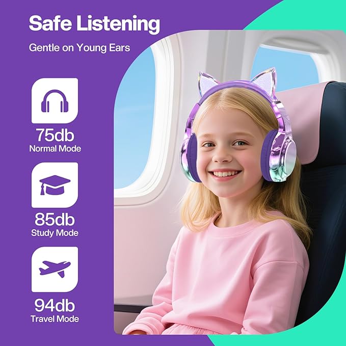 QearFun Kids Cat Ear Bluetooth Headphones, 60H Playtime, 74/85/94dB Safe Volume Limit, Metallic Gradient Wireless Headset with Mic, Fast Charging, Foldable, Wired Mode for Girls School/Tablet/Travel