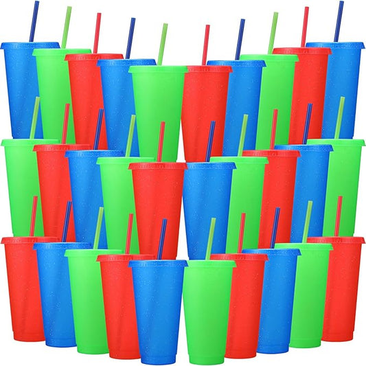 Honeydak 30 Pack Tumbler with Straw and Lid Bulk Glitter Plastic Cups Water Bottle Iced Coffee Travel Mug Reusable Party Favor Cups for Birthdays travel 24-27 oz (Primary Color)