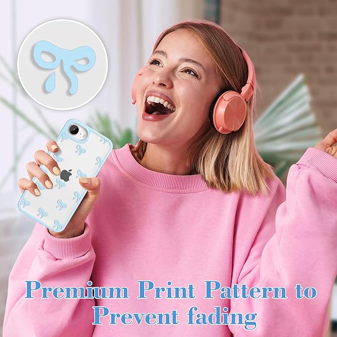 EYZUTAK Case for iPhone 16e, Clear Cute Ribbon Bowknot Pattern Aesthetic Transparent Phone Case Raised Camera Protection Stylish Slim Soft Durable TPU Protective Cover for Women Girls - Blue