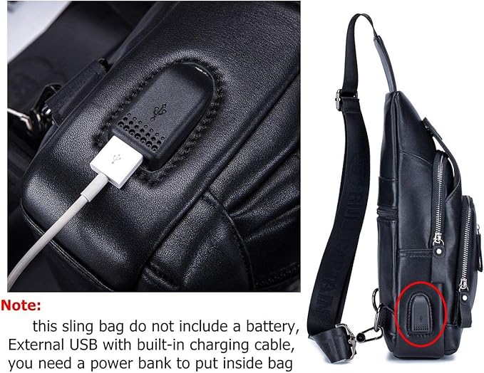 BULLCAPTAIN Genuine Leather Mens Sling Bag Multipurpose Travel Crossbody Chest Bag Daypacks with USB Charging Port (Black)