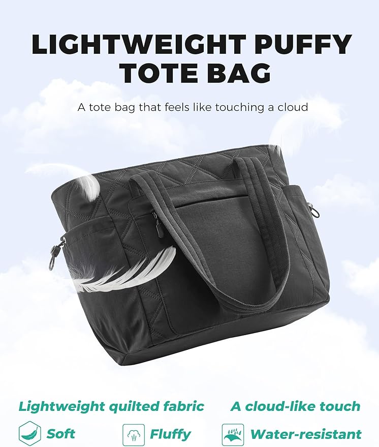 Tote Bag for Women, Lightweight Puffer bag with Zipper & Compartments, Quilted Shoulder Bag for Work, Travel,Gym