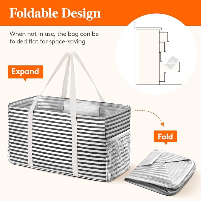 Lifewit Extra Large Tote Bag, Reusable Grocery Bags with Metal Wire Frame and Handles, Standing Utility Foldable Shopping Bags for Storage, Picnics, Beach, Pool, Laundry, Car, Camping, 1 Pack, Black