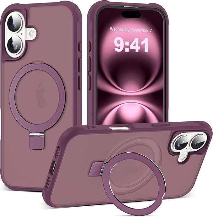 Compatible with iPhone 16 Case with Invisible Magnetic O-Ring Stand Military-Grade Translucent Case for iPhone 16 6.1" [Compatible with Mag-Safe][Great Grip Feeling], Wine Red