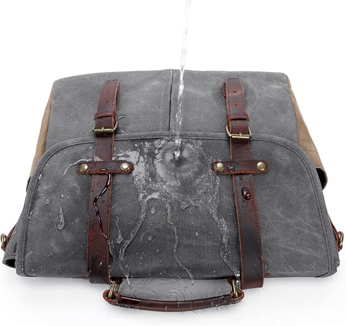 Messenger Bag for Men, Waterproof Genuine Leather Waxed Canvas Briefcase 15.6 Inch Laptop Larger Shoulder Bag with Key Bag