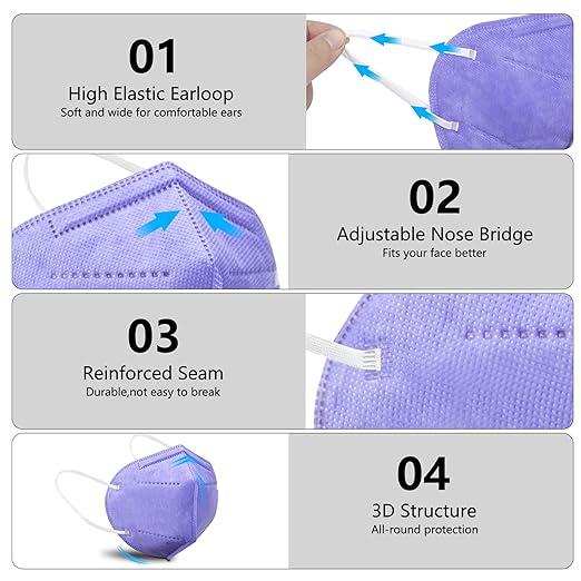 akgk KN95 Face Mask 50 PCS, Breathable Protection Masks, 5-Ply KN95 Purple Masks, Cup Dust Safety Masks