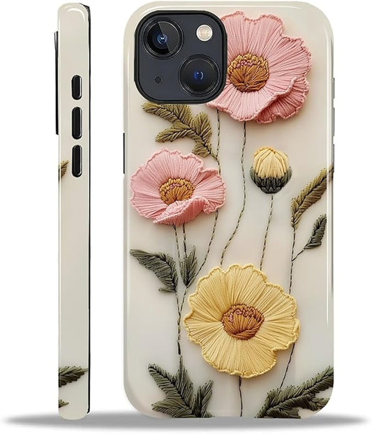 Case for iPhone 14 Plus Case,Faux Embroidery Boho Floral Design - Hybrid Dual Protection Silicone + Hard PC Shockproof Full Body Cover Slim Anti-Scratch Protective Case for Men Women