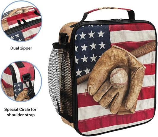 Lunch Box Bag Vintage Ball Baseball American Flag Lunchbox Insulated Thermal Cooler Ice Adjustable Shoulder Strap for Women Men Boys Girls