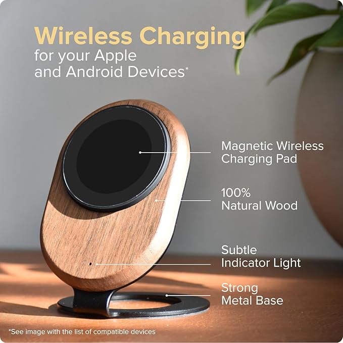 ARK Uno - Solid Wood MagSafe Stand Magnetic Wireless Charging Station w/Adapter & USB to USB C15W Wireless Charger. for iPhone 12-17 & Some Samsung. Home, Office, Kitchen,Best Mens Gifts!