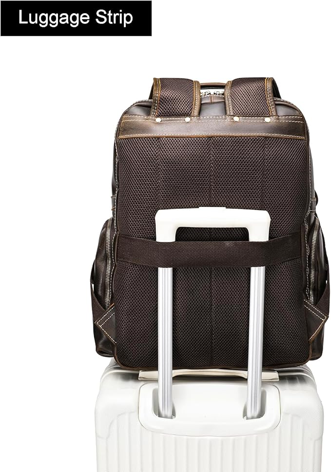 LANNSYNE Vintage Mens Full Grain Leather Backpack Fits 17.3 Inch Laptop, Large Casual Rucksack Shoulder Bag For Travel/Camping/Hiking-Brown