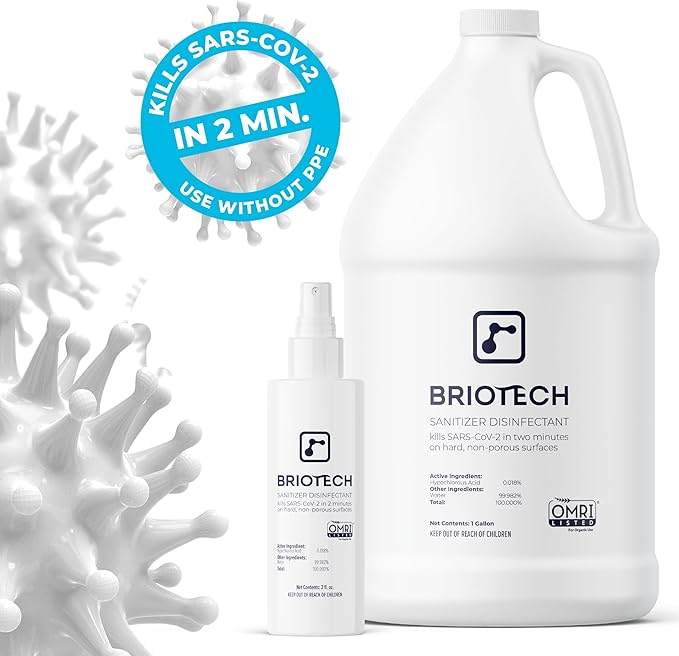 BRIOTECH Sanitizer Disinfectant Hypochlorous Spray, Kills 99.99% of Viruses & Bacteria, Eliminates Odor, Gentle for Nurseries & Play Rooms, Rinse Free Surface Sanitizer, 32 fl oz (Pack of 2)