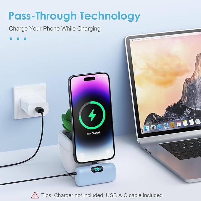 [2 Pack] Samll Portable Charger for iPhone 16/15 Series, 5000mAh 3A PD USB C Power Bank, Mini LCD Display Battery Pack Compatible with iPhone 16/16 Plus/16 Pro/15 Pro Max,Samsung,Android/Moto/LG etc