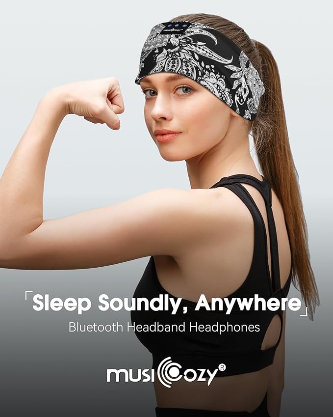 MUSICOZY Sleep Headphones Bluetooth Headband 5.4 Wireless Headband Headphones for Sleeping for Side Sleeper with Ultra-Thin HD Stero Speaker for Workout (Black & White)