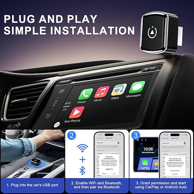 2 in 1 Wireless Carplay Adapter for Apple CarPlay & Android Auto, Mini Size with USB-A & USB-C Extension, Plug and Play, Car Play Wireless Adapter Compatible with iPhone iOS 10+, Android 11+