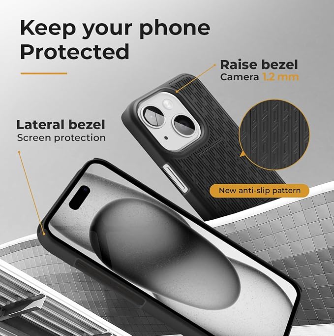 MOTIVE for iPhone 15 Plus Case with Belt Clip, Shell Holster Combo for Apple iPhone 15 Plus Holster, Slim Rugged Case, Drop Shockproof Protective Cover & Kickstand, 6.7 inch | Black