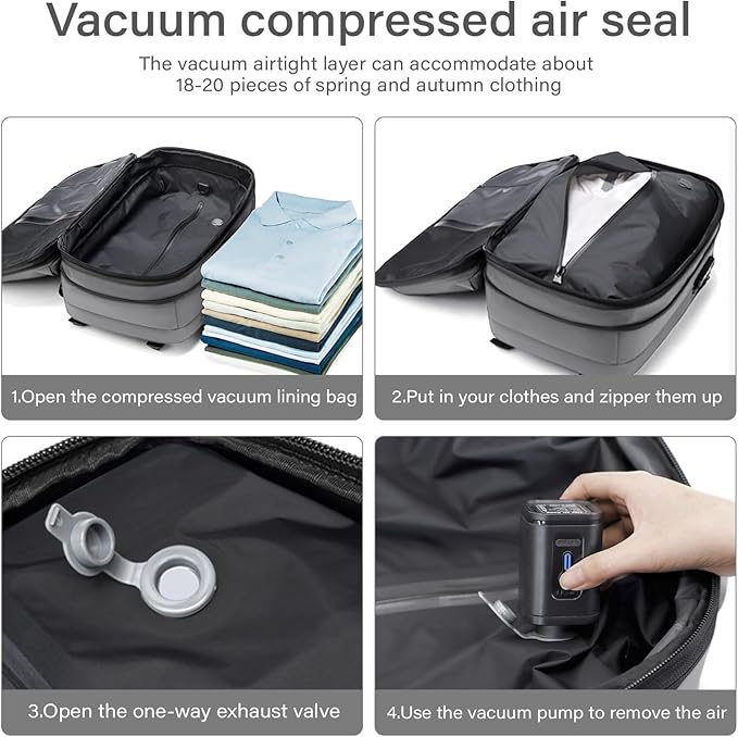 Travel Backpack with Vacuum System,60L Expandable Vacuum Backpack Travel with TSA Lock,17.3 inch Laptop Backpacks Vacpack Backpacks with Vacuum(Grey,External Air Pump)