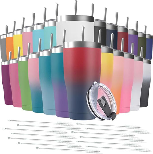25 Pack 20oz Stainless Steel Tumblers Bulk Reusable Travel Mugs with Lid, Double Wall Powder Coated Coffe Cup for Home, Office, Outdoor Suitable for Vehicle Cup Holders