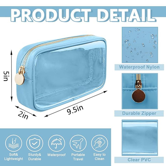 Clear Small Makeup Bag with Zipper, Nylon&PVC Cosmetic Travel Bag Preppy TSA Approved Toiletry Bag for Women Girls, Transparent Waterproof Makeup Pouches Cute Travel Bag for Purse(Small-Blue)